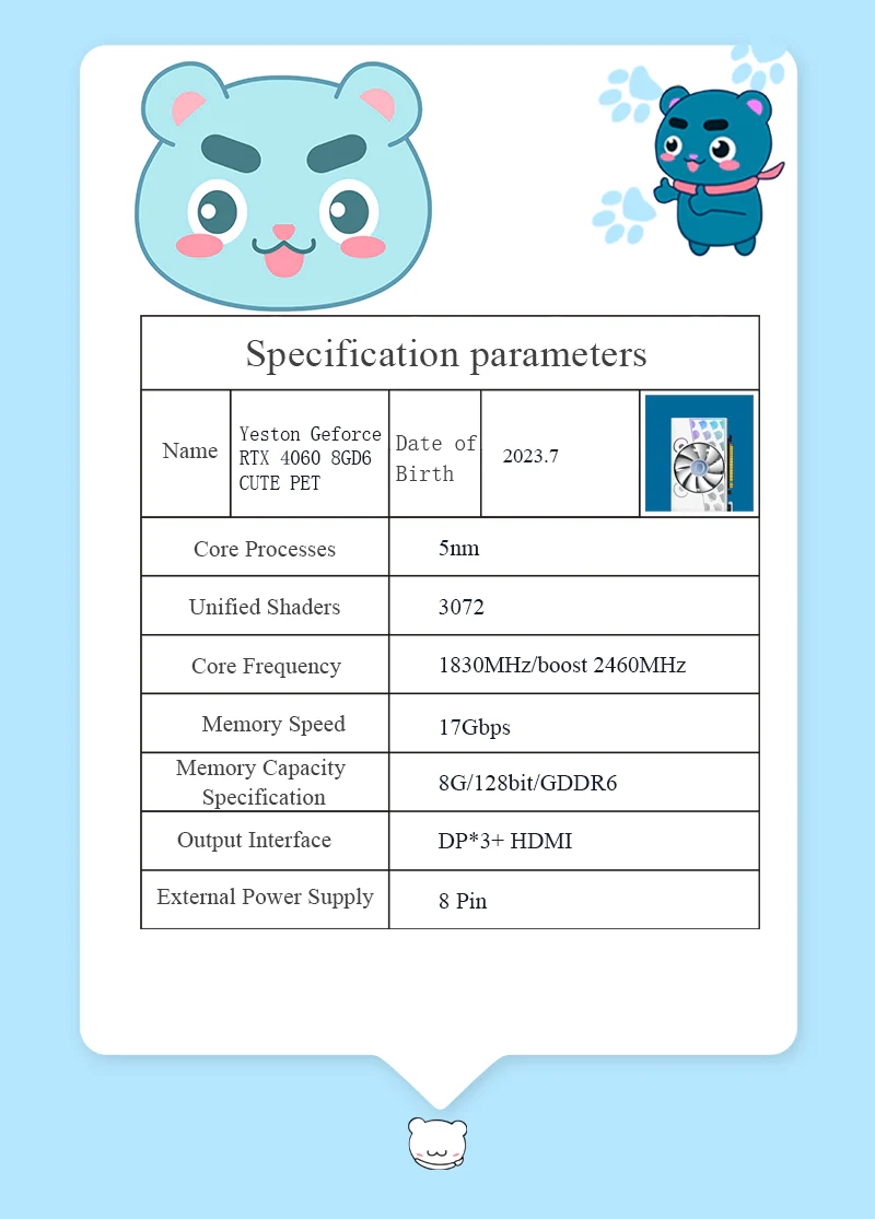 Yeston Cute Pet Nvidia GeForce RTX 4060 Graphics Card GDDR6 8G 128bit GDDR6 Gaming GPU - Image 10