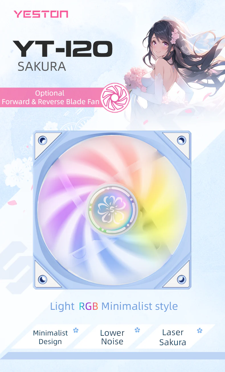(Promotion: $5 discount over $30)Yeston SAKURA Computer Case Fan ARGB LED 120mm Cooler Fan Quiet Edition High Airflow Color LED Case Fan 4pin PWM Silent Fan with Hydraulic Bearing (Forward Fan) - Image 5