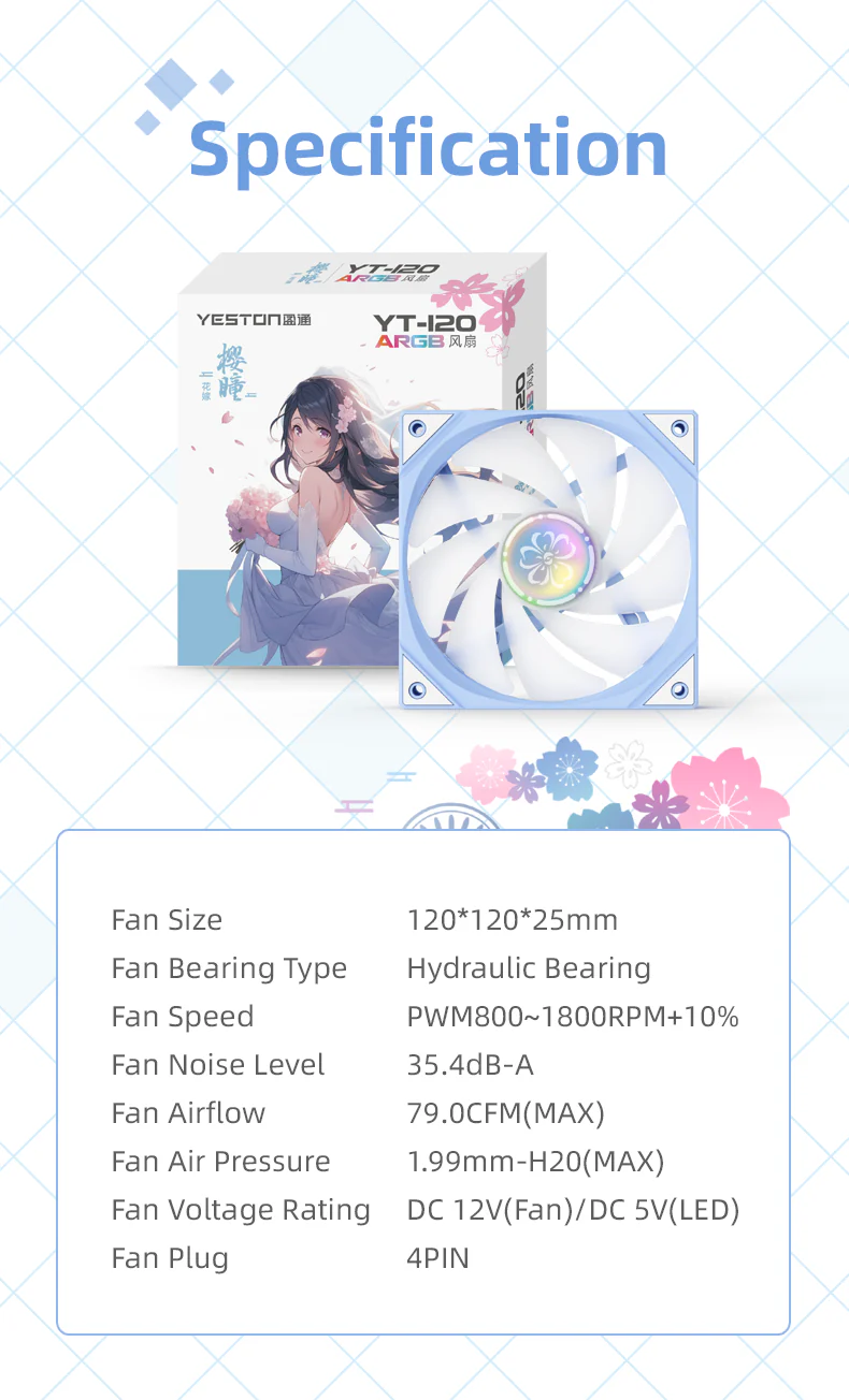 (Promotion: $5 discount over $30)Yeston SAKURA Computer Case Fan ARGB LED 120mm Cooler Fan Quiet Edition High Airflow Color LED Case Fan 4pin PWM Silent Fan with Hydraulic Bearing (Forward Fan) - Image 9