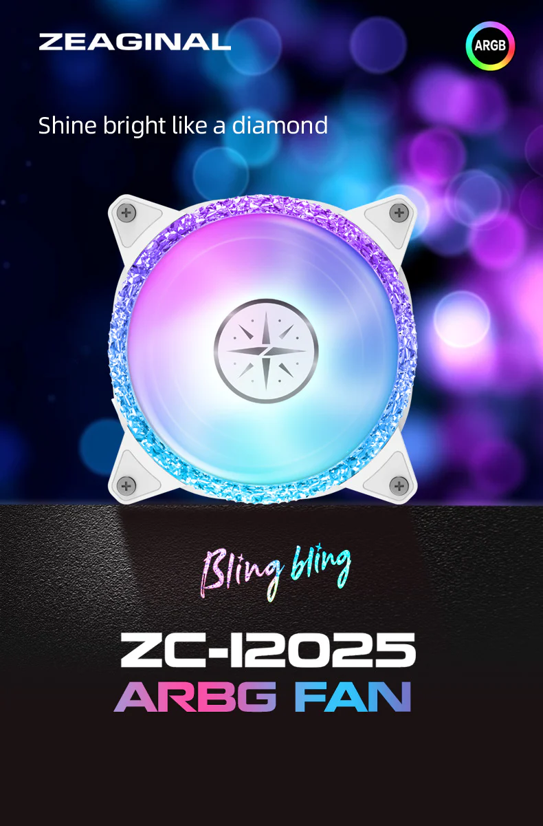 (Promotion: $5 discount over $30)(Only Canada has inventory) Zeaginal ZC-12025 ARGB Bling Bling LED 120mm Case Fan,Quiet Edition High Airflow Color LED Case Fan for PC Cases, CPU Coolers,Radiators SystemComputer Case Cooling Fan - Image 4